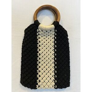 Laude The Label Gabby Macrame Handbag Black & Cream Wooden Handles BOHO‎